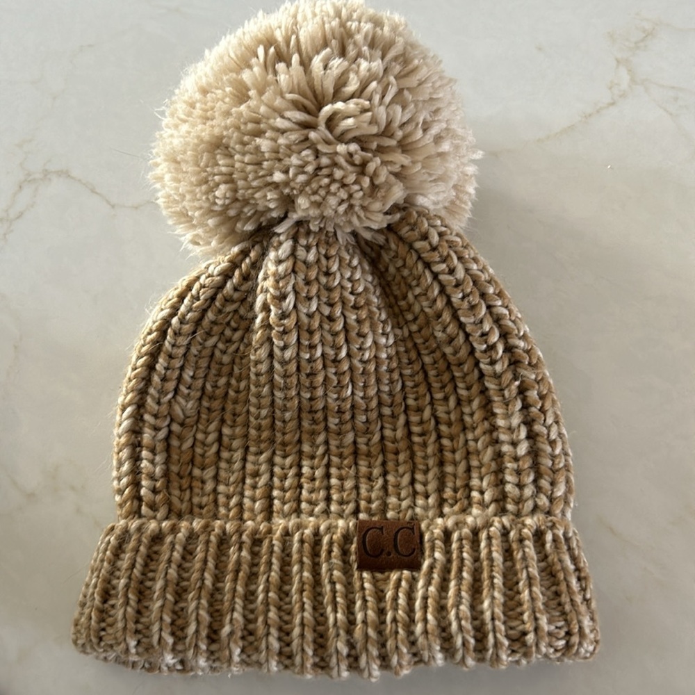 C.C Chunky Beanie Extra Large Pom Pom Color Tan Heather Women’s Size Adult